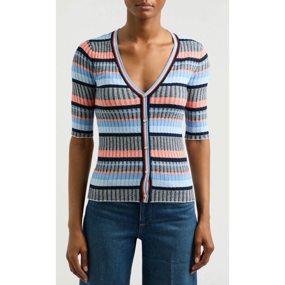 Veronica Beard Calliope Striped Ribbed Knit Cardigan Blue Multi XS
